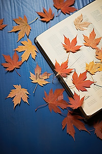 飘动背景图片_一些飘动的秋叶和一本蓝色的书