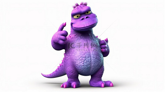 3d 紫色恐龙角色，带有滑稽的大拇指朝下的手势