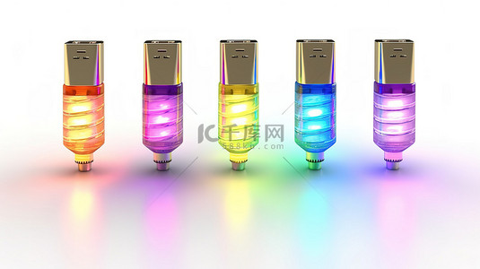 usb彩色背景图片_白色背景下彩色 LED USB 灯的 3D 渲染