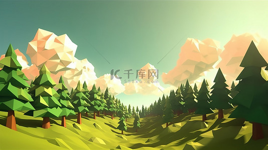 夏季低聚森林与阳光和云彩的 3d 渲染