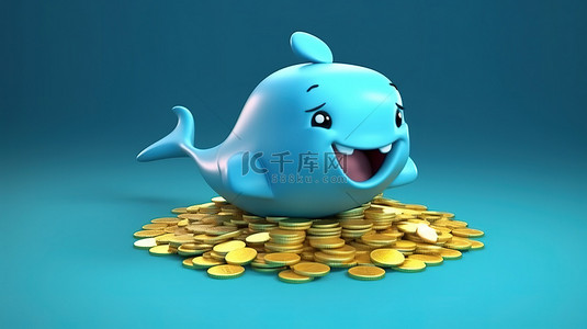 被比特币硬币和空白空间包围的卡通鲸鱼的 3D 插图