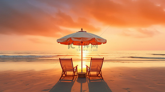 海滩壁纸背景图片_宁静令人惊叹的 3D 渲染的热带海滩和大海，配有一对椅子和一把沐浴在夕阳天空的辉光中的雨伞
