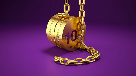 举重插图背景图片_3d 渲染紫色背景上 1 吨金链重量的插图，描绘了 1% 的折扣概念