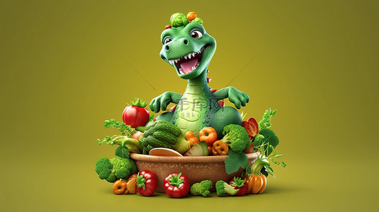 搞笑的3D恐龙卡通拿着漂浮的蔬菜