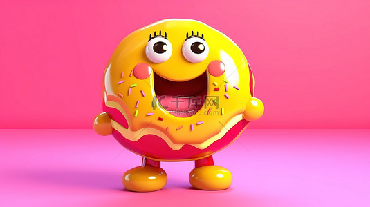 黄色背景上有一个 3D 渲染的吉祥物，其形式是一个大草莓粉色釉面甜甜圈，配有存钱罐和金币