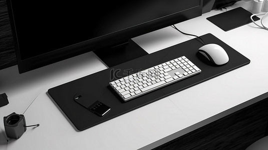 垫桌背景图片_时尚黑色桌垫上白色键盘和鼠标的 3D 渲染