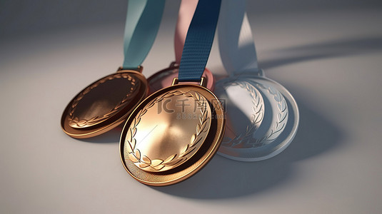 柔和的奖牌金银铜奖牌图标的 3D 渲染
