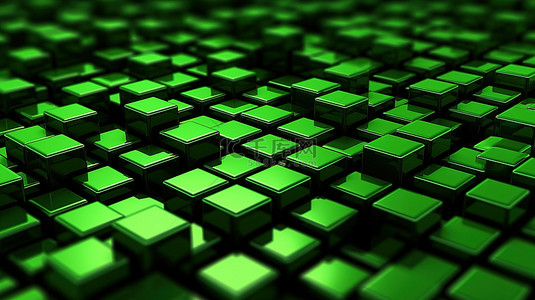 绿色地板背景与 3D 渲染黑色立方体全景