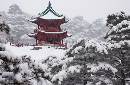 城堡雪背景图片_一座红色的宝塔坐落在雪中的森林顶上