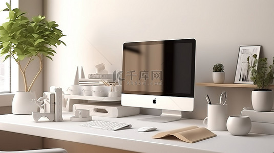 桌上办公用品背景图片_当代工作室工作场所计算机模型和办公桌上各种办公用品的 3D 渲染