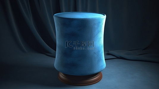 丝绸桌子背景图片_3d 灰色背景下圆形基座上显示的发光蓝色丝绒布
