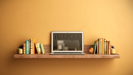 棕色架子背景上笔记本电脑的 3D 插图