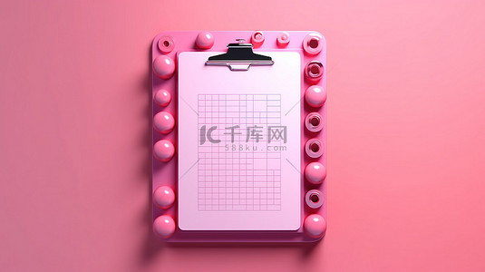 使用剪贴板和浮动纸 3D 渲染插图在粉红色背景上正确标记业务清单