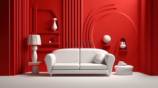 生活图标背景图片_带沙发的微型房间的红色单色 3d 图标
