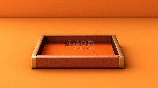 橙色背景上带有黄铜镶边和空白开盒的棕色布托盘的 3D 渲染
