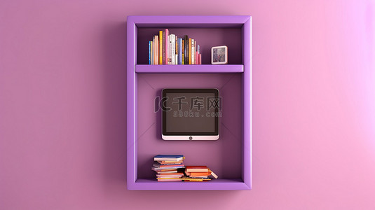 移动办公背景图片_带有紫色墙架和数字平板电脑的垂直横幅的 3D 插图