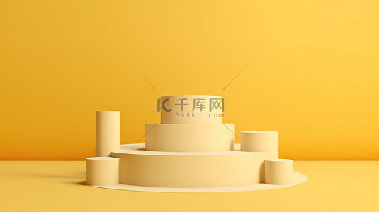 抽象产品展示，带有圆柱讲台和浅黄色 3D 平躺背景上的台阶