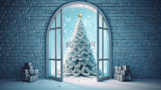 通过打开的蓝色窗口看到的圣诞树的 3D 渲染