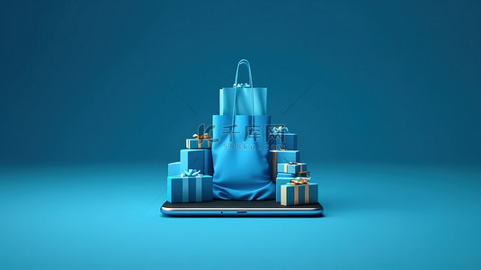 购物袋样机背景图片_数字商务插图蓝色讲台智能手机和蓝色背景购物袋