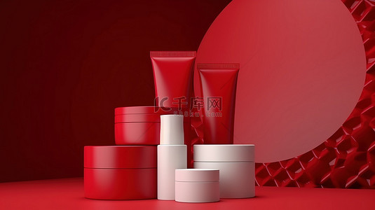化妆品红色背景背景图片_带有复制空间的红色背景上带有罐子和管样机的护肤品套装的 3D 渲染
