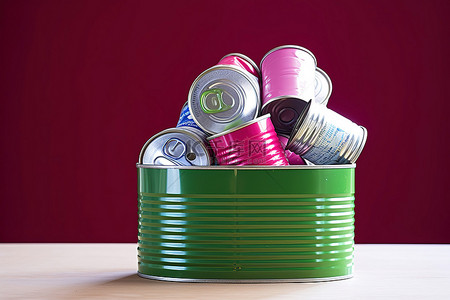 金属罐堆放在粉红色罐回收箱内