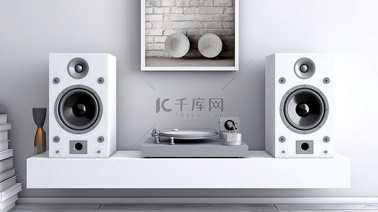 办公室白色扬声器音频系统的现代室内 3D 渲染