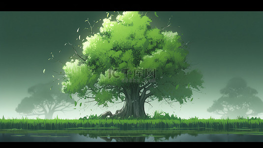 环境生态背景图片_单色生态概念背景下的 3d 渲染绿树