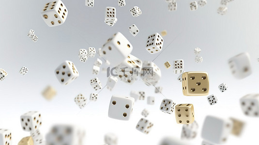 白色背景上飞行的白色骰子立方体是 3d 赌场游戏的概念
