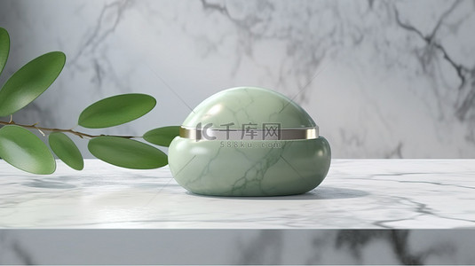 大理石上天然化妆品的绿色 3D 包装插图