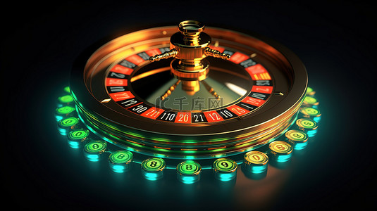骰子背景图片_3D 渲染的轮盘赌轮与充满活力的霓虹灯闪闪发光的金币和黑色背景