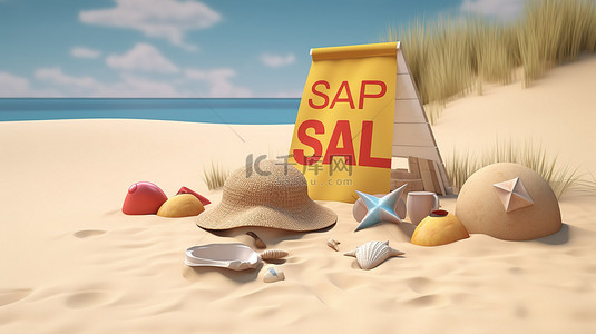 暑假沙滩背景图片_以沙滩元素为特色的 3D 渲染夏季销售横幅