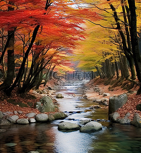 秋背景图片_秋溪在自然森林里，有美丽的黄叶