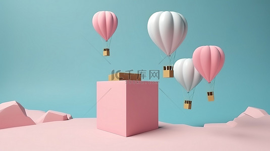 简约礼品背景背景图片_带有气球空投落在天空和云背景中的简约柔和礼盒 3d 渲染
