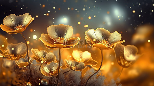 奢华的童话场景，闪闪发光的金色花朵和迷人的灯光效果在 3D AI 中呈现