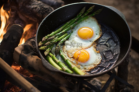 篝火舞会背景图片_篝火餐煎鸡蛋和芦笋