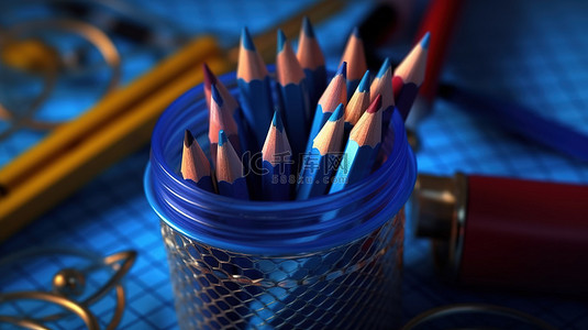 蓝色教育插画背景图片_文具必需品放大镜蓝色铅笔彩色墨水笔和普通铅笔的详细视图，笼子里有学校笔记本 3D 插图