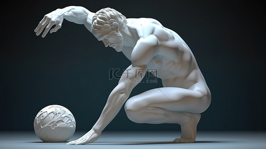 肌肉发达的男性人物在掷铁饼者的 3D 渲染中摆出姿势