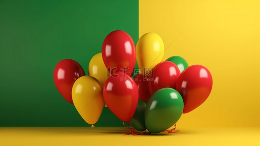 喜庆的 3D 渲染红色和绿色气球在黄色背景下飘荡，非常适合圣诞贺卡