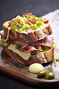 三明治奶酪背景图片_面包和牛奶上的火腿和奶酪
