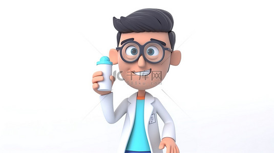 医疗保健概念 3d 卡通医生拿着药丸