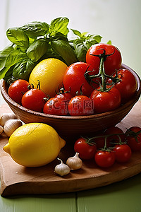 板上绿色碗里的西红柿蔬菜和蔬菜