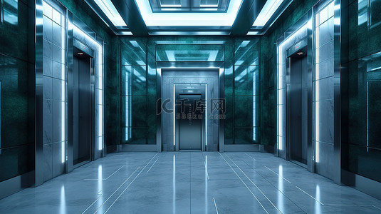 现代电梯概念与时尚金属设计 3D 渲染