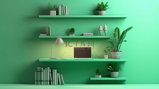 绿色幻彩墨迹横幅背景图片_具有垂直背景和电脑 PC 的绿色墙架的 3D 插图