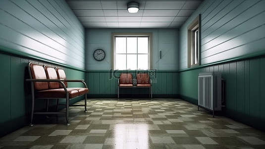 医院检查背景图片_潜伏在医院检查室外的怪异和令人不安的椅子 3d 渲染