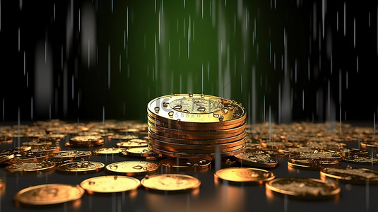 保护伞免受美元硬币雨的影响 3D 渲染概念