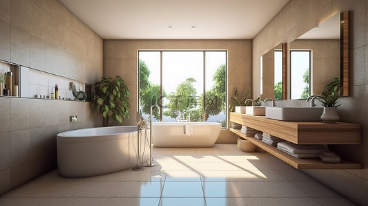 开放式浴室的室内建筑 3D 渲染，具有等距视图