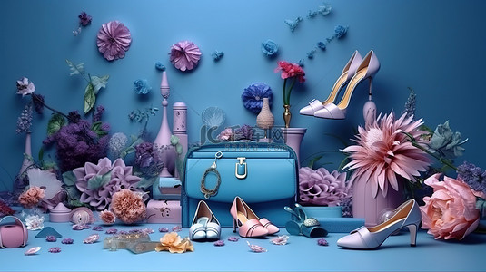 连衣裙女人背景图片_花卉幻想晚礼服手袋鞋类化妆在蓝色背景的花朵中漂流3D概念化