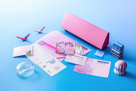 一袋旅行证件和粉红色表面上的邮票