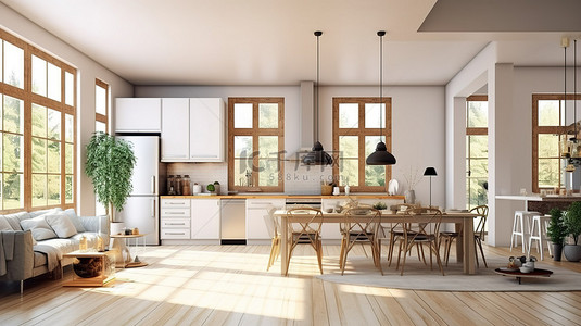 时尚的现代农舍设计厨房和客厅家具的 3D 渲染