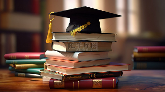 毕业背景卡通背景图片_象征性毕业知识塔顶上的帽子描绘教育学习和成就